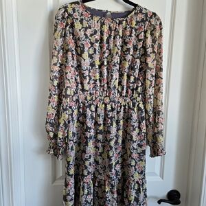 LOFT Shimmer Floral Long Sleeve Dress with Pink and Gold Accents